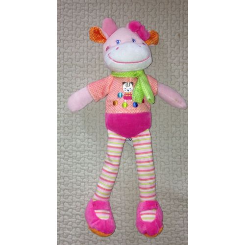 Doudou Mots D'enfants, Vache, Peluche, Rose, Chat Brodé, Noeud, Écharpe Verte, 35 Cm