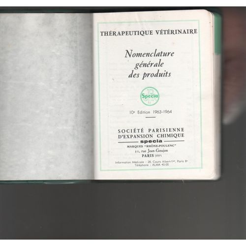 Spécia Nomenclature Générale De Produits Vétérinaires 1963 1964