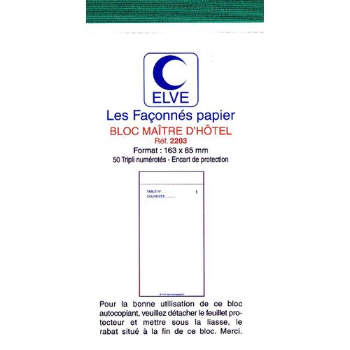 1 Bloc Maître D'hôtel Elvé 50/3 85 X 165 Mm. Papier Autocopiant Avec Numérotage.