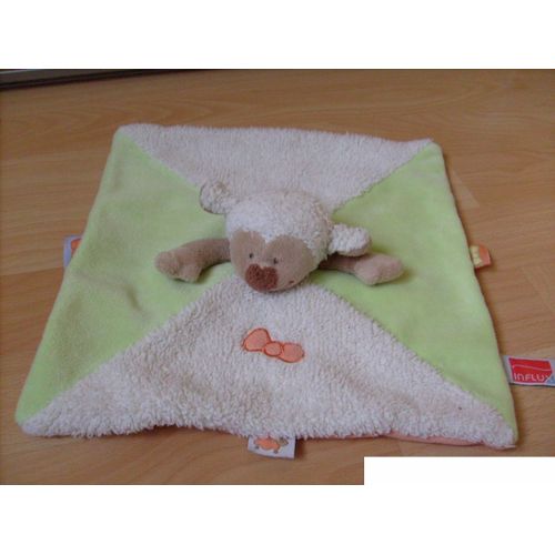 Mouton Doudou Peluche Plat Influx/Cora Blanc Vert Brodé Orange