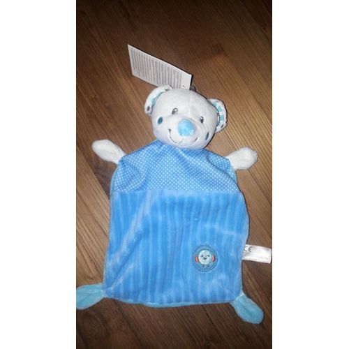 Doudou Ours Bleu Blanc Nicotoy Petits Pois Rayés Poussin Oiseau Rond