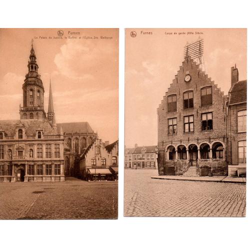 Belgique / Flandre - Lot De 2 Cartes Anciennes De Furnes (Veurne) : Le Palais De Justice, Le Beffroi Et L'église Ste Walburge + Corps De Garde