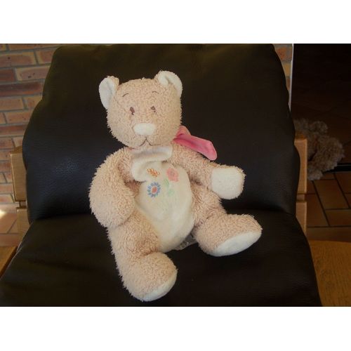 Doudou Chat Ours Bengy Prosper Fleurs Brodees Echarpe Rose