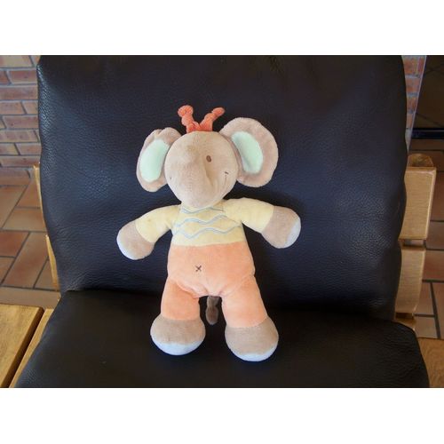 Doudou Elephant Nicotoy Beige Jaune Orange Vert