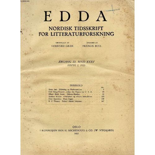Edda, Aargang 22, Bind Xxxv, Hefte 1, 1935, Nordisk Tidsskrift For Litteraturforskning (Indhold: Arne Stai: Diktning Og Psyko-Analyse. Odd Bang-Hansen: John Dos Passos Fra U.S.A. Ellisiv ...
