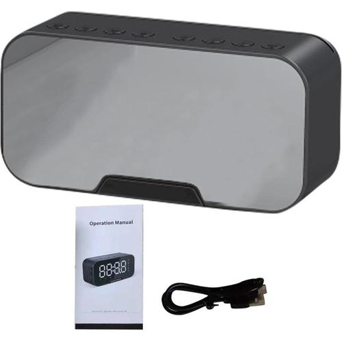 Radio-réveil numérique FM avec port de charge USB, affichage LED, minuteur de sommeil, miroir portable, haut-parleur Bluetooth sans fil, réveil pour chambre à coucher, bureau noir