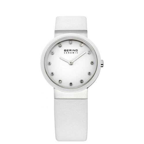 Montre Pour Femme Lunette Céramique Blanche Bracelet Cuir Bering