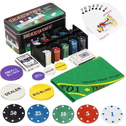 Ensemble De Poker - Springos - 200 Jetons - Tapis De Jeu Vert - 2 Jeux De Cartes