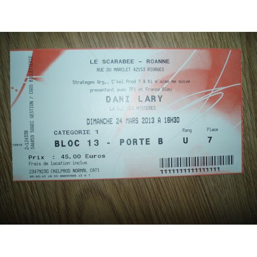 Ticket / Billet D'entree De Dani Lary A Roanne.