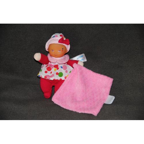 Poupée Peluche Doudou Bebe Rouge Corolle 2008 Minirêves Hochet Grelot Robe À Pois Mouchoir Rose 15 Cm