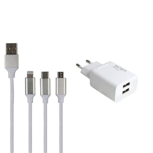 Chargeur Rapide 2.4a Double Ports Usb Avec Câble 3n1 Pour Iphone-Type C-Micro Usb