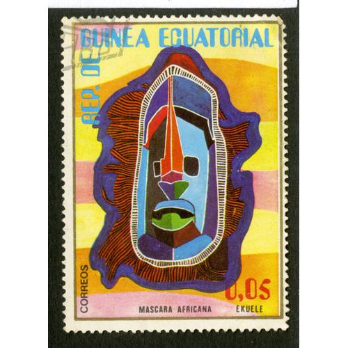 Timbre Oblitéré Rep. De Guinea Ecuatorial, Mascara Africana, Correos, 0.05 Ekuele