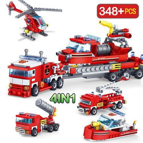 Blocs De Construction 4 En 1 348 Pièces Voiture De Lutte Contre L'incendie Hélicoptère Bateau Pompier Jouets Éducatifs Pour Enfants Sans Boîte D?Origine