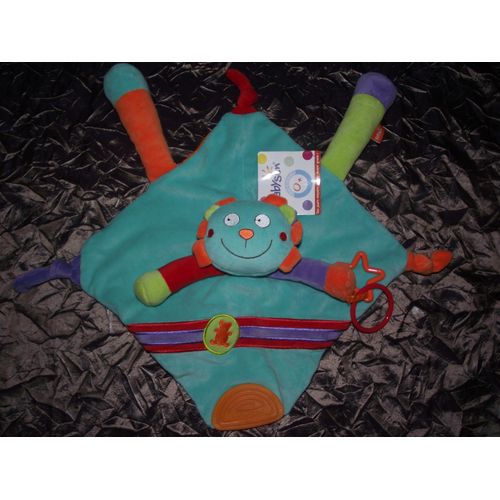 Doudou Plat Activité Peluche Lion Babysun Baby Sun Bleu Turquoise Orange Vert Violet Multicolore Anneau De Dentition