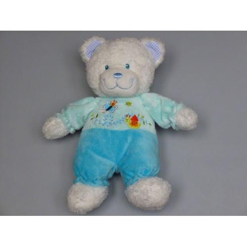 Doudou Peluche Ours Blanc, Habit Bleu, Broderies Papillon, Escargot, 27 Cm,  Tex Baby