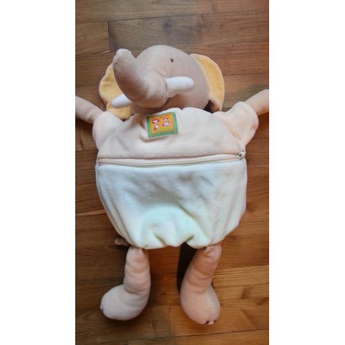 Elephant Doudou Range Pyjama Moulin Roty Les Loustics Peluche Vert Jaune Beige 45 Cms + Oreilles 7 Cms