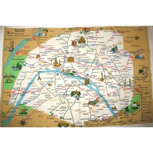 Napperon Souvenir Vintage Imprimé Plan De Métro Parisien