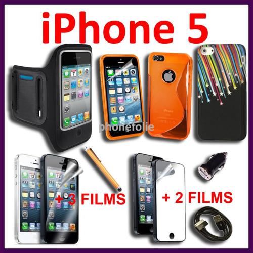 Lot Pack De 11 Accessoires Tpu Silicone Coque Gel S Etui Housse Stylet Tactile Films Miroir Chargeur Voiture Câble Usb Brassard Sport Star Etoiles Iphone 5 5s Orange