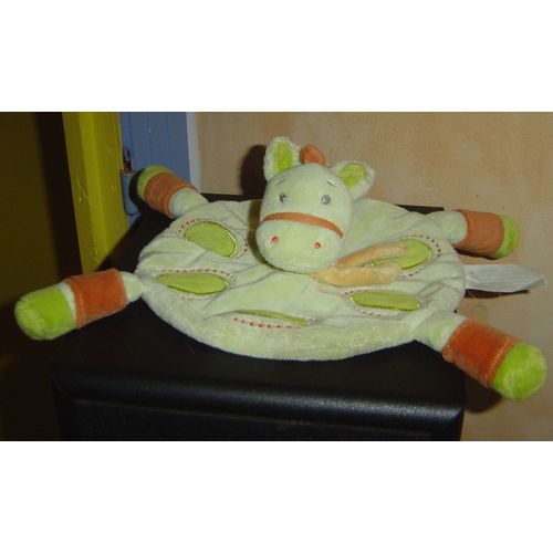 Cheval Doudou Peluche Plat Rond Ane Poney Zebre Vert Anis Jaune Et Orange Kimbaloo La Halle