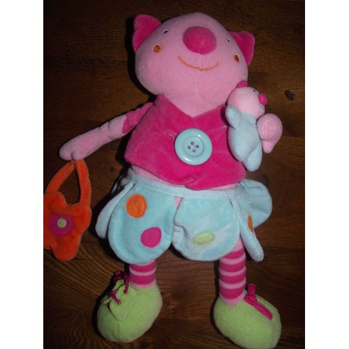 Doudou Peluche Chat  Chaton Bawi Rose Bleu  Vert Sac Miroir Orange Lacets Zip 37 Cm