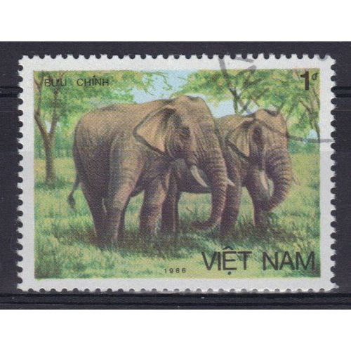 Vietnam 1986 : Faune : Couple D'éléphants - Timbre Oblitéré