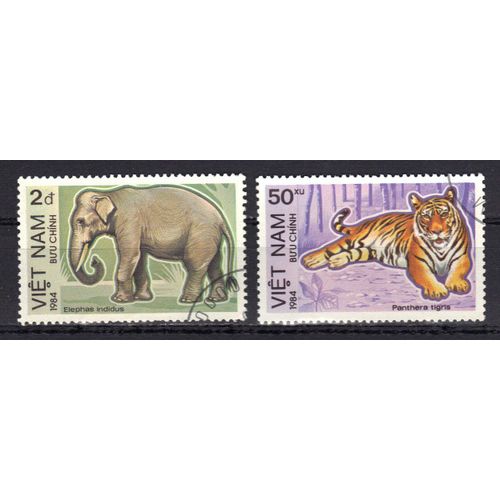 Vietnam 1984 : Animaux Sauvages : Eléphant / Tigre - Série De 2 Timbres Oblitérés