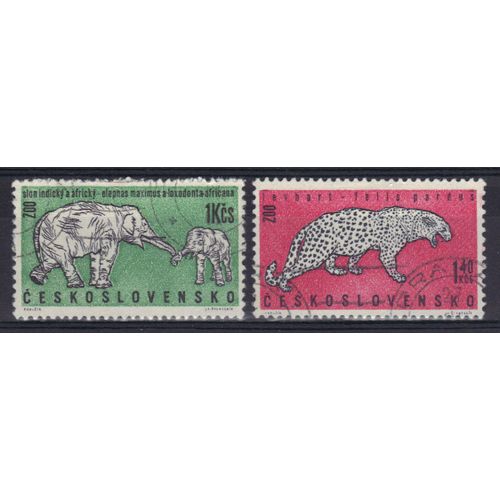 Tchecoslovaquie 1962 : Félins Sauvages : Eléphants / Léopard - Série De 2 Timbres Oblitérés