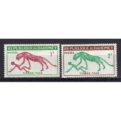 Dahomey 1963 : Félins Sauvages : Panthère Terrassant Un Homme - Série De 2 Timbres-Taxe Neufs *