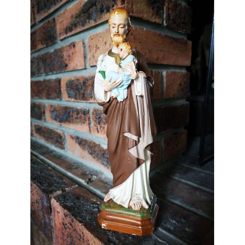 Jolie statue religieuse Saint Joseph et l'enfant Jésus en plâtre signée PP 27,5 cm