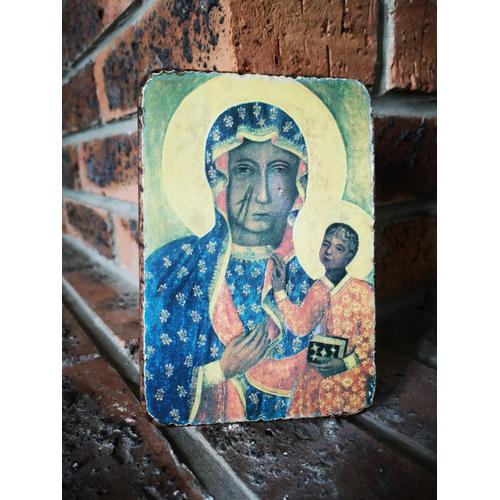 Belle icone religieuse byzantine russe vierge noire ND de Czestochowa bois massif