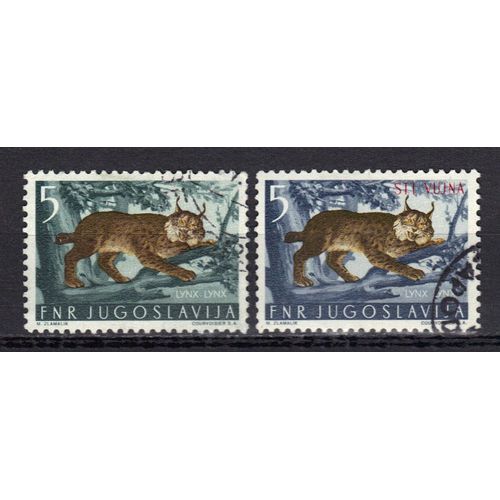 Yougoslavie 1960 : Félins Sauvages : Lynx - Lot De 2 Timbres Oblitérés Dont 1 Avec Surcharge Rouge
