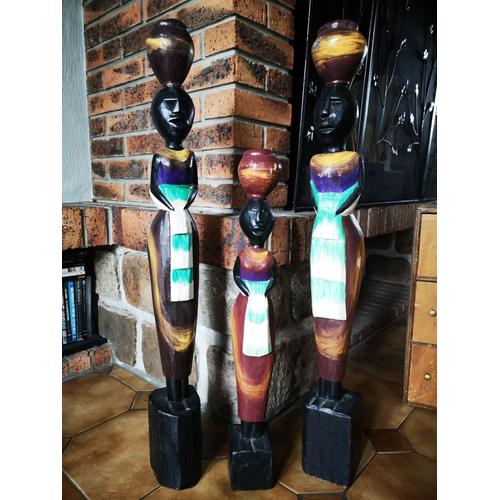 Magnifiques 3 grandes statues Africaines traditionnelles bois peintes à la main