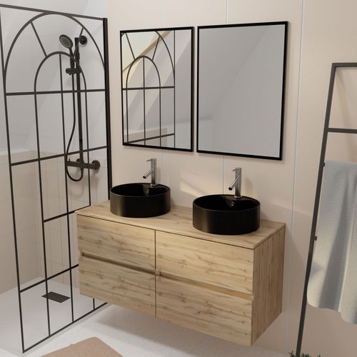 Meuble Salle De Bains 120cm 4 Tiroirs Chêne Naturel, 2 Vasques Noires Ø41cm Et 2 Miroirs 55x75 Cm