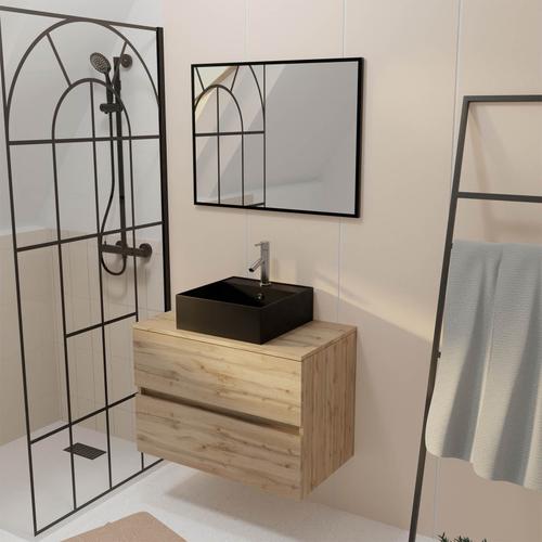 Meuble Salle De Bains 80cm 2 Tiroirs Chêne Naturel + Vasque Carrée Noire 41x41cm Et Miroir 60x80cm