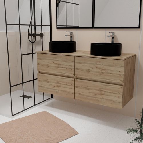 Meuble Salle De Bains 120cm 4 Tiroirs Chêne Naturel - 2 Vasques Rondes 36cm En Céramique Noire