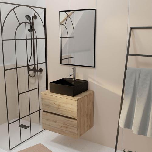 Meuble Salle De Bains 60cm 2 Tiroirs Chêne Naturel + Vasque Carrée Noire 41x41cm Et Miroir 60x80cm