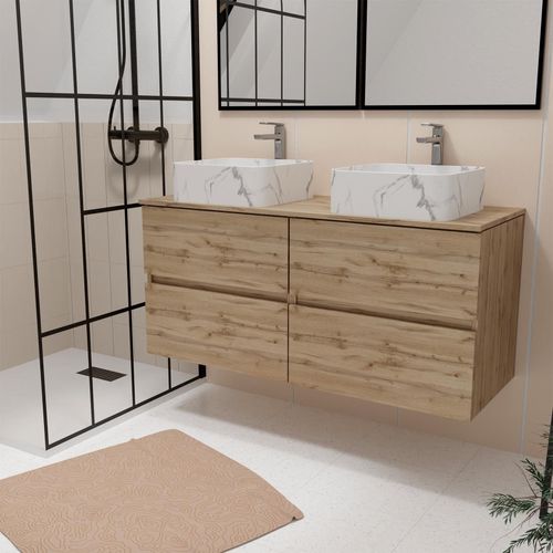 Meuble Salle De Bains 120cm 4 Tiroirs Chêne Naturel - 2 Vasques Blanches Effet Marbre 38x38x13cm