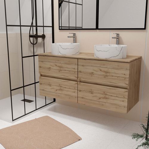 Meuble Salle De Bains 120cm 4 Tiroirs Chêne Naturel - 2 Vasques Rondes 36cm Blanches Effet Marbre