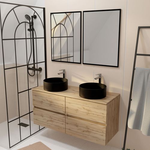 Meuble Salle De Bains 120cm 4 Tiroirs Chêne Naturel, 2 Vasques Noires Ø36cm Et 2 Miroirs 55x75 Cm