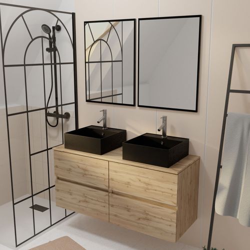Meuble Salle De Bains 120cm 4 Tiroirs Chêne Naturel, 2 Vasques Noires 41x41x15cm, 2 Miroirs 55x75cm