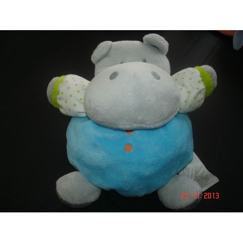 Doudou Hochet  Hippopotame Bleu Gris - Obaibi - 20cm Environ