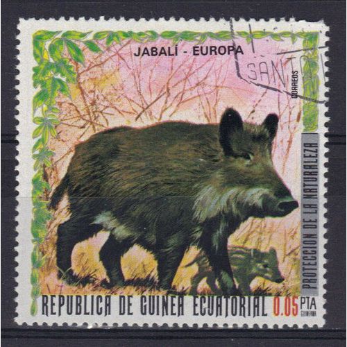 Guinee Equatoriale 1975 Europa : Protection De La Nature : Animaux Sauvages : Sanglier Et Son Petit - Timbre Oblitéré
