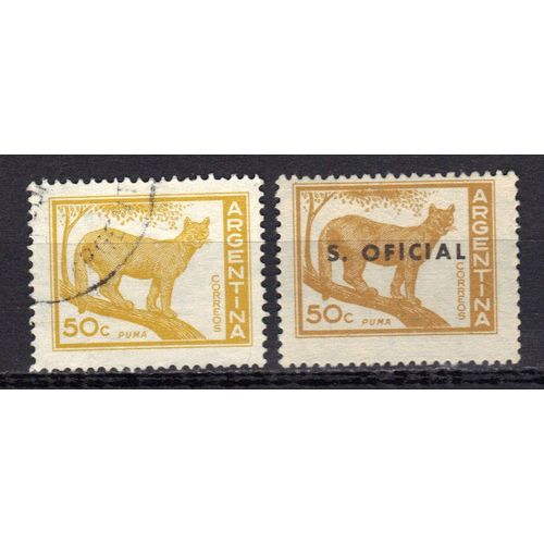 Argentine 1965 : Félin Sauvage : Puma - Lot De 2 Timbres Oblitérés Dont 1 Surchargé