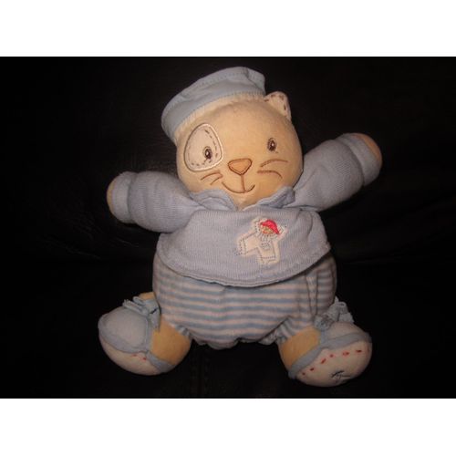 Doudou Chat Bleu Kaloo Rayé Blanc Marin Chapeau Bonnet Cocard