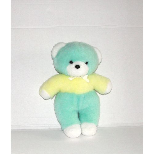 Ours En Peluche Jaune Et Vertt Pastel Ancien Nounours 28cm