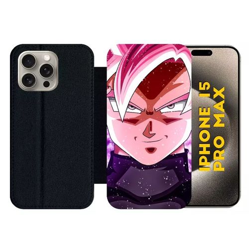 Etui À Rabat Pour Iphone 15 Pro Max - Dbz Goku Pink Saiyan - Silicone - Noir