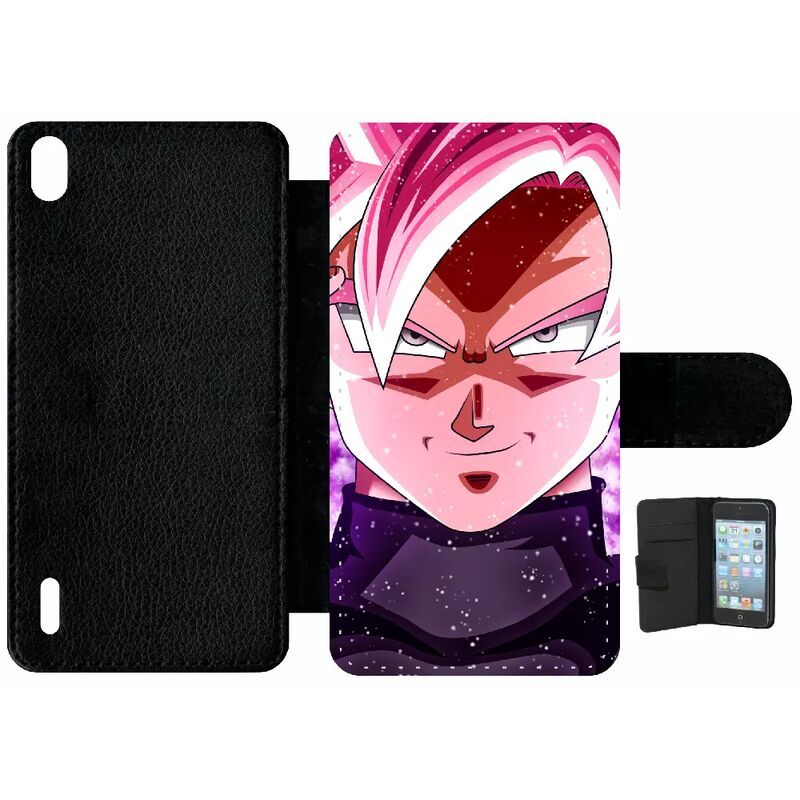 Etui À Rabat Pour Huawei Ascend P7 - Dbz Goku Pink Saiyan - Simili-Cuir - Noir