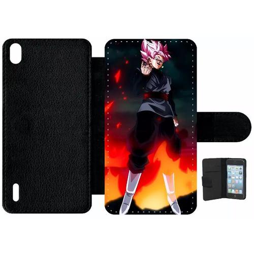 Etui À Rabat Pour Huawei Ascend P7 - Dbz Black Goku Warrior Flame Rebellion - Simili-Cuir - Noir