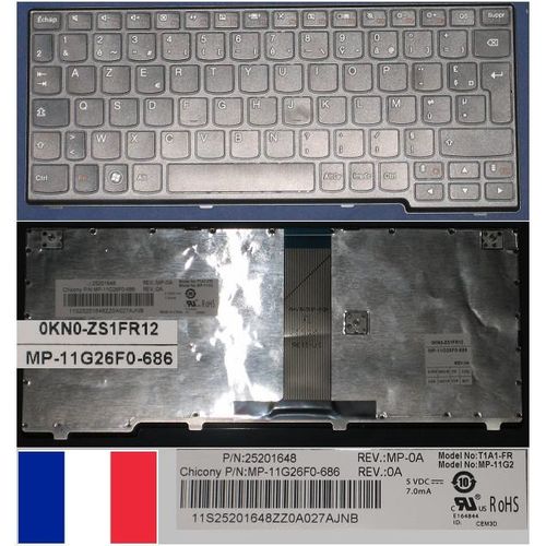 Clavier Azerty Français / French Pour LENOVO IdeaPad S206, S110 Series, Noir / Black, Noir-frame, Model: 0KN0-ZS1FR12, P/N: 25201648, MP-11G26F0-686