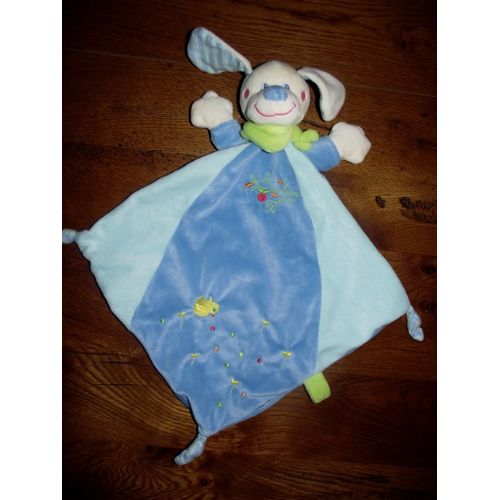 Doudou Peluche Plat  chien Mots D'enfants Leclerc Attache Tétine bleu rayé vert poussin Éveil Bébé Naissance